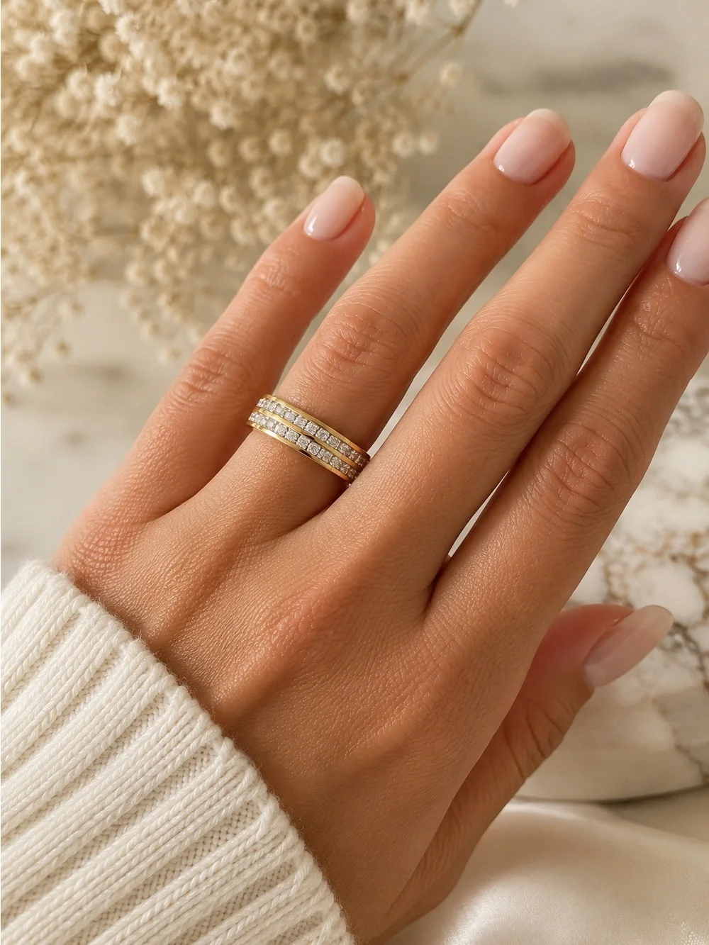 18K Gold Plated CZ Eternity Band Ring Waterproof Stainless Steel Size 8